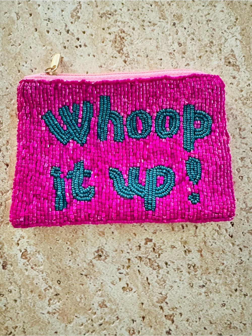 Bright Pink Beaded 'Whoop It Up!' Zip Pouch NWT